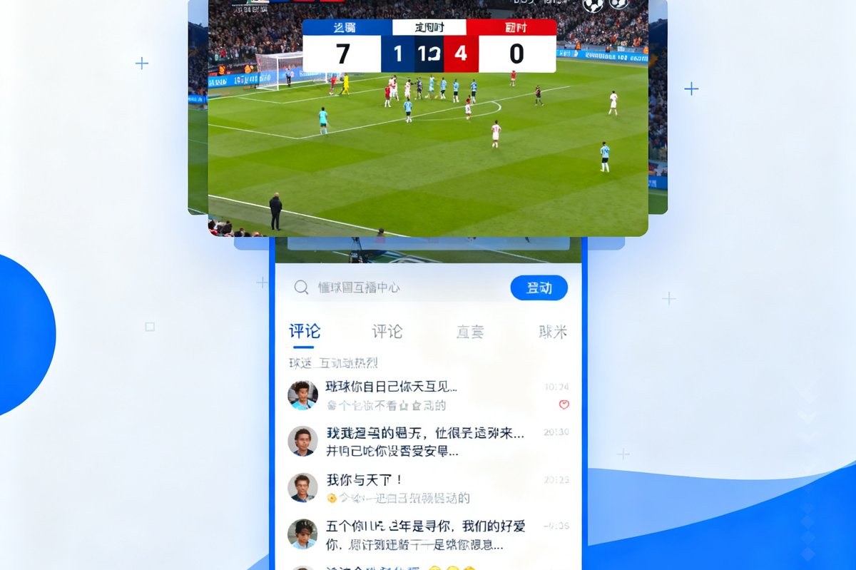 懂球圈直播中心界面截图，显示高清比赛直播画面与实时比分叠加层，评论区球迷互动热烈，界面设计现代简洁